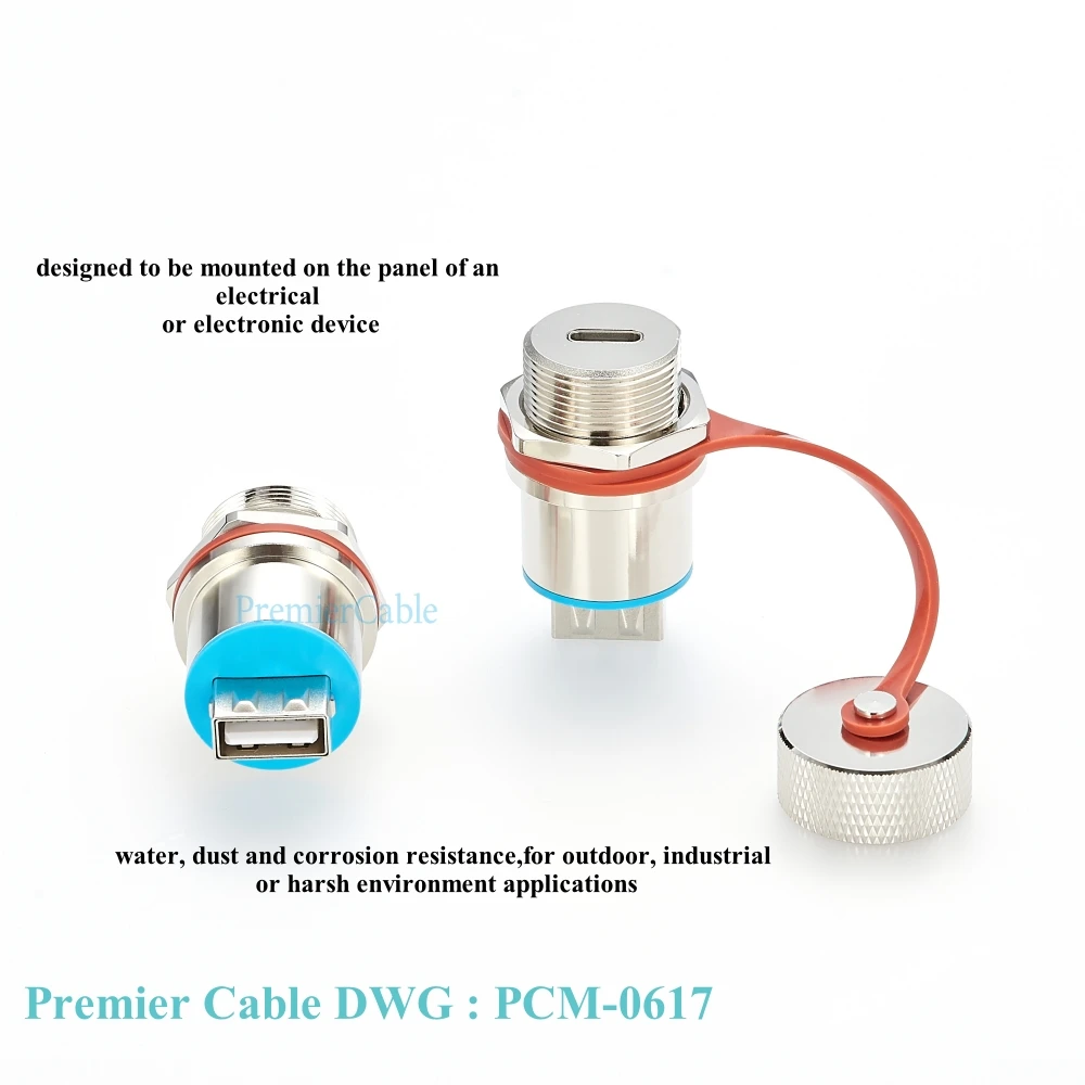 Ruggedized USB 2.0 Type C Panel Mounting IP68 Waterproof Connector Rugged USB C to A Connector Panel Mount with Dust Cap