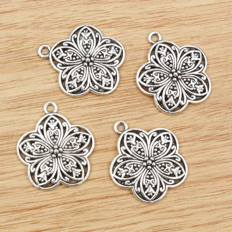 8pcs Flower Charms Pendant 29x25mm Antique Silver Plated Alloy Metal DIY Jewelry Making Accessories for Necklace Earrings