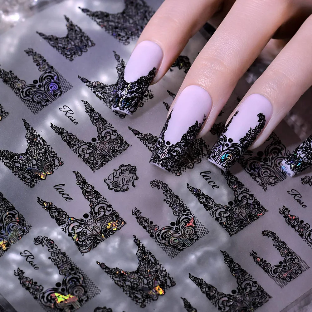 1Pc Holographic Lace Embellishment Nail Sticker V French Gothic Style Nail Decal Self Adhesive Pearl Accent Nail Slider