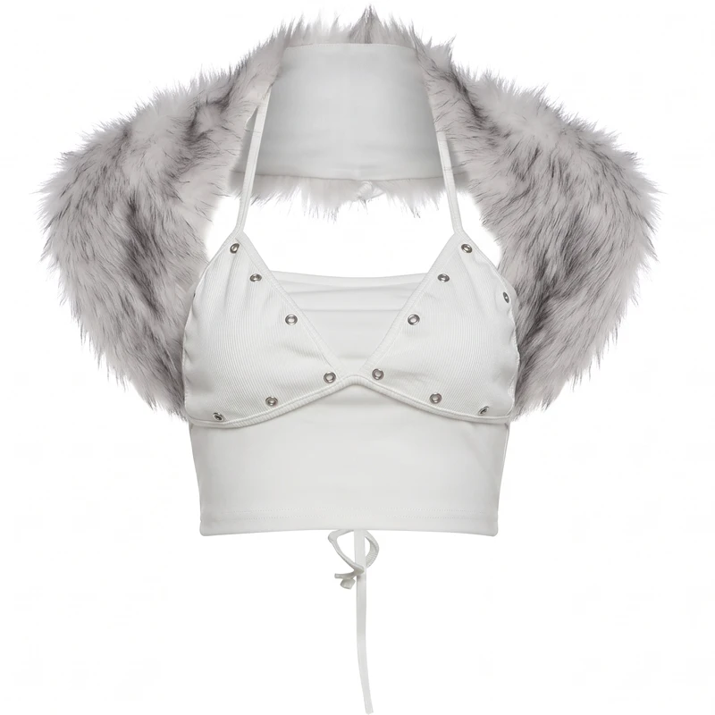 Weird Puss Furs Jacke + Tanktop Damen Oberteile 2-teiliges Set Trend Hottie Metall Hohlkreuz V-Ausschnitt Stretch Mode Street Clubwear – Detail 2