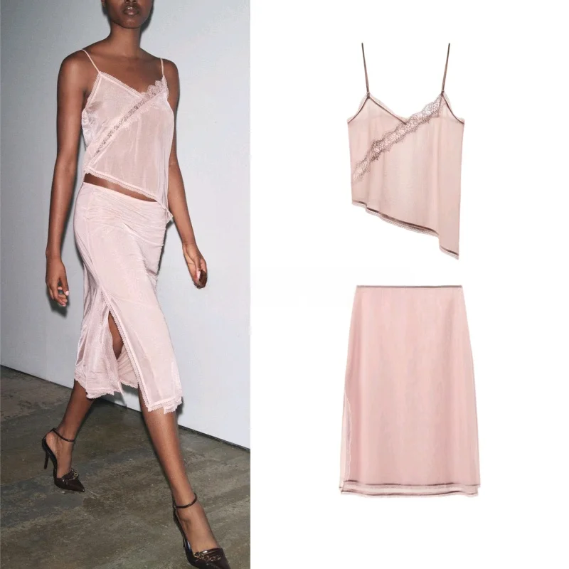 Renda retalhos organza ter topo midi saia conjunto meados de cintura fenda casual sle outono faion feminino terno de duas peças