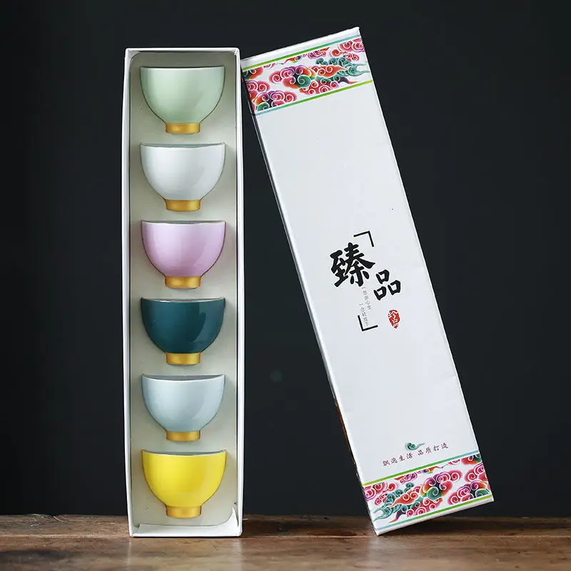 

Gold-drawn Six-color Rainbow Tea Cup Ceramic Teacup Chinese Kung Fu Tea Set Outline In Gold Master Cup with Gift Box