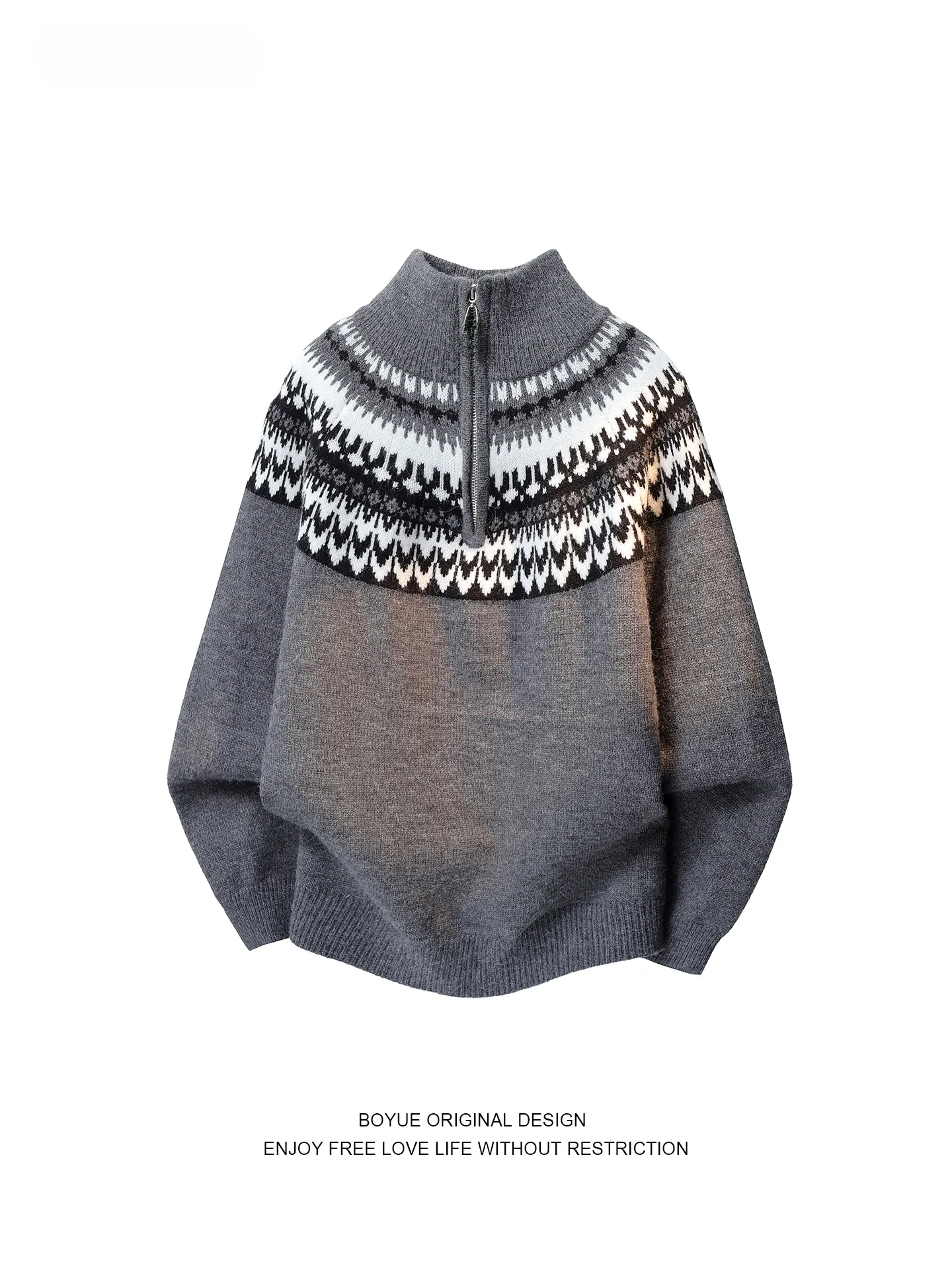 

Boyue Fair Isle Zipper Ne Knitwear Casual Versatile f High Collar Women's Sle Comfortable Winter Sweater for Men And W...