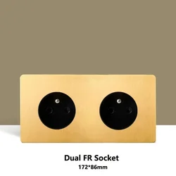 Wall Light Toggle Switch Dual EU FR Socket Gold Stainless Steel Brushed Panel Retro Brass Lever For Home Improvement