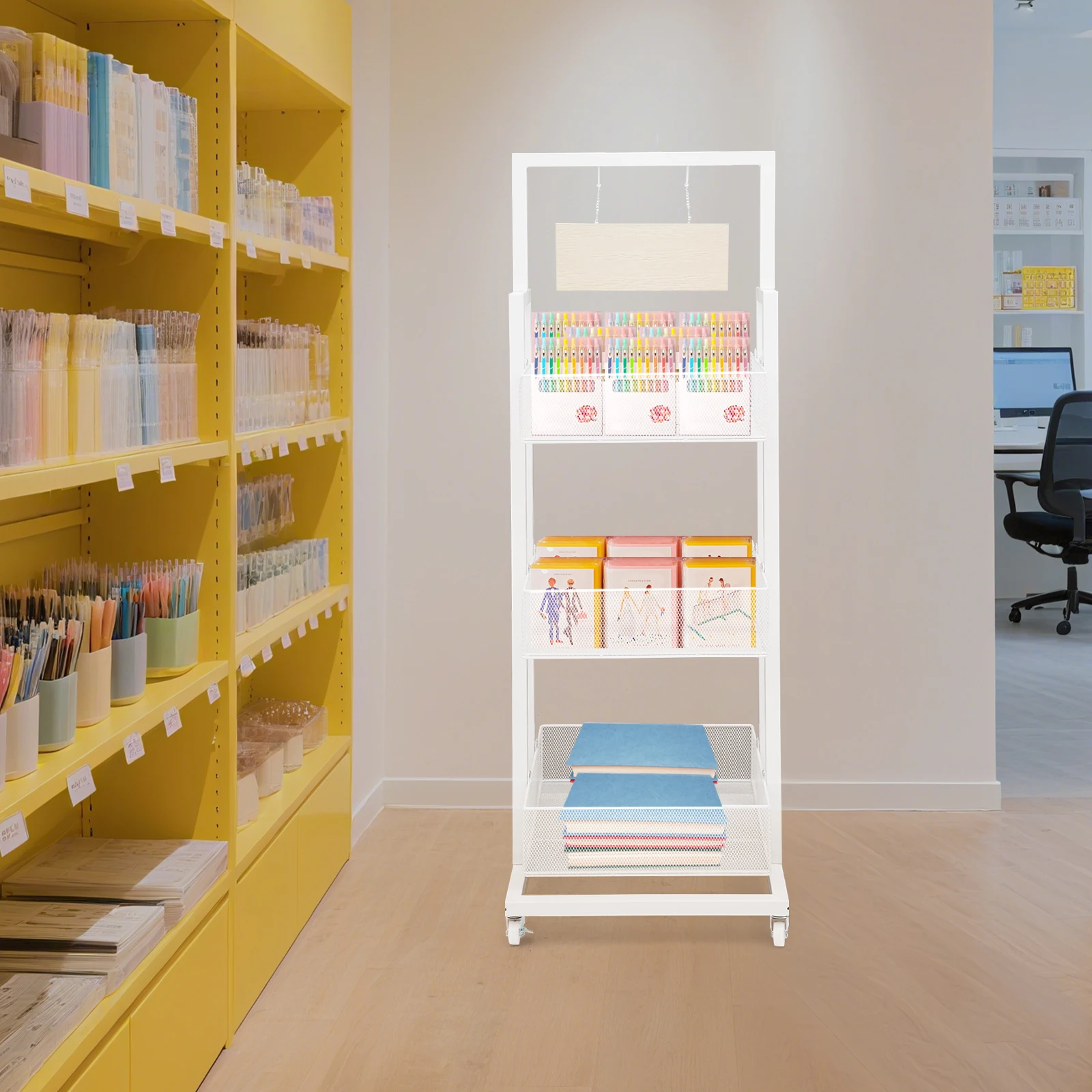 

White Iron 45x45x136cm Three-Layer Snack Display Rack Wheeled Mobile Storage Rack Store Bookstore Storage Display Rack