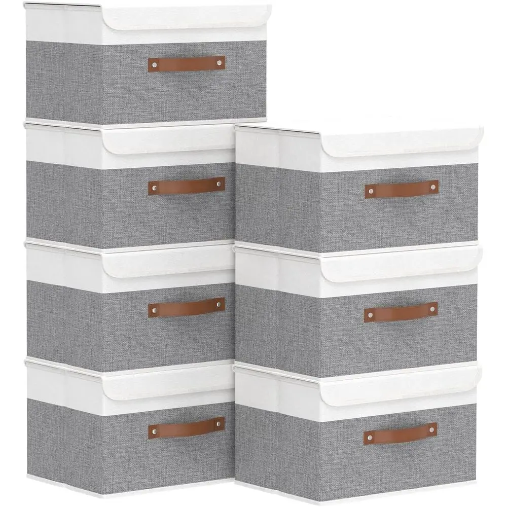 

Складной контейнер для хранения, органайзер-корзина, тканевый ящик с крышками, моющийся, с кожаной ручкой, для дома, гардероба, белый/серый