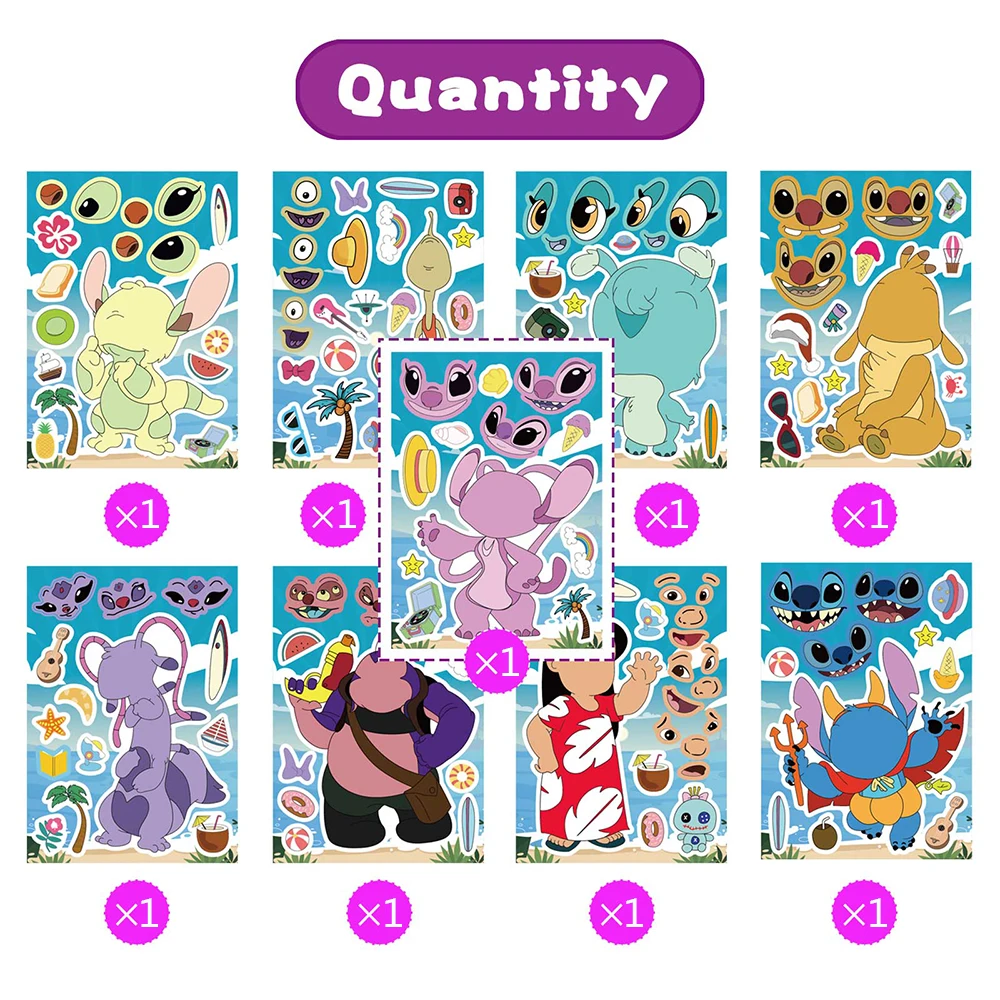 9/18Sheets Disney Cartoon Lilo Stitch Puzzle Stickers Make a Face Kids Toys Party Game Children DIY Assemble Jigsaw Decoration