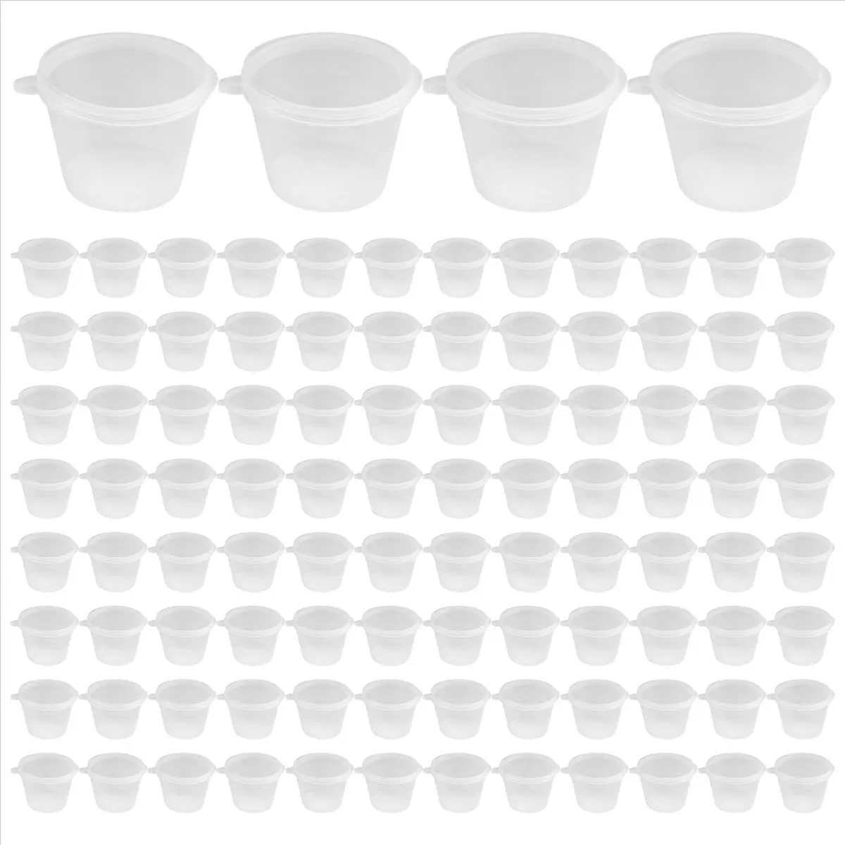 A75K 100 x 1Oz Round Food Container Pots with Lids,Hinged Sauce Pots Reusable Jelly Shot Cups Small Pot Restaurants