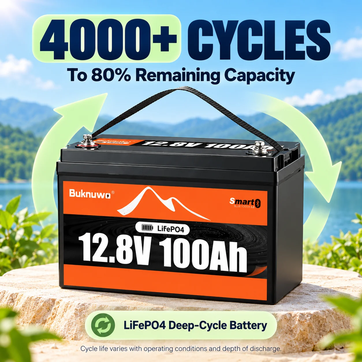 BUKNUWO 12.8V 100Ah LiFePO4 Battery Bluetooth Smart 100A BMS 1280Wh Deep Cycle Lithium Battery for RV Solar Camping