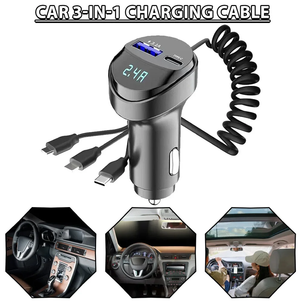 Car Charger QC 3.0/3.1A Fast Charging USB Charger Dual Ports With 3 In 1 Charging Cable Car Phone Charger For Smartphones