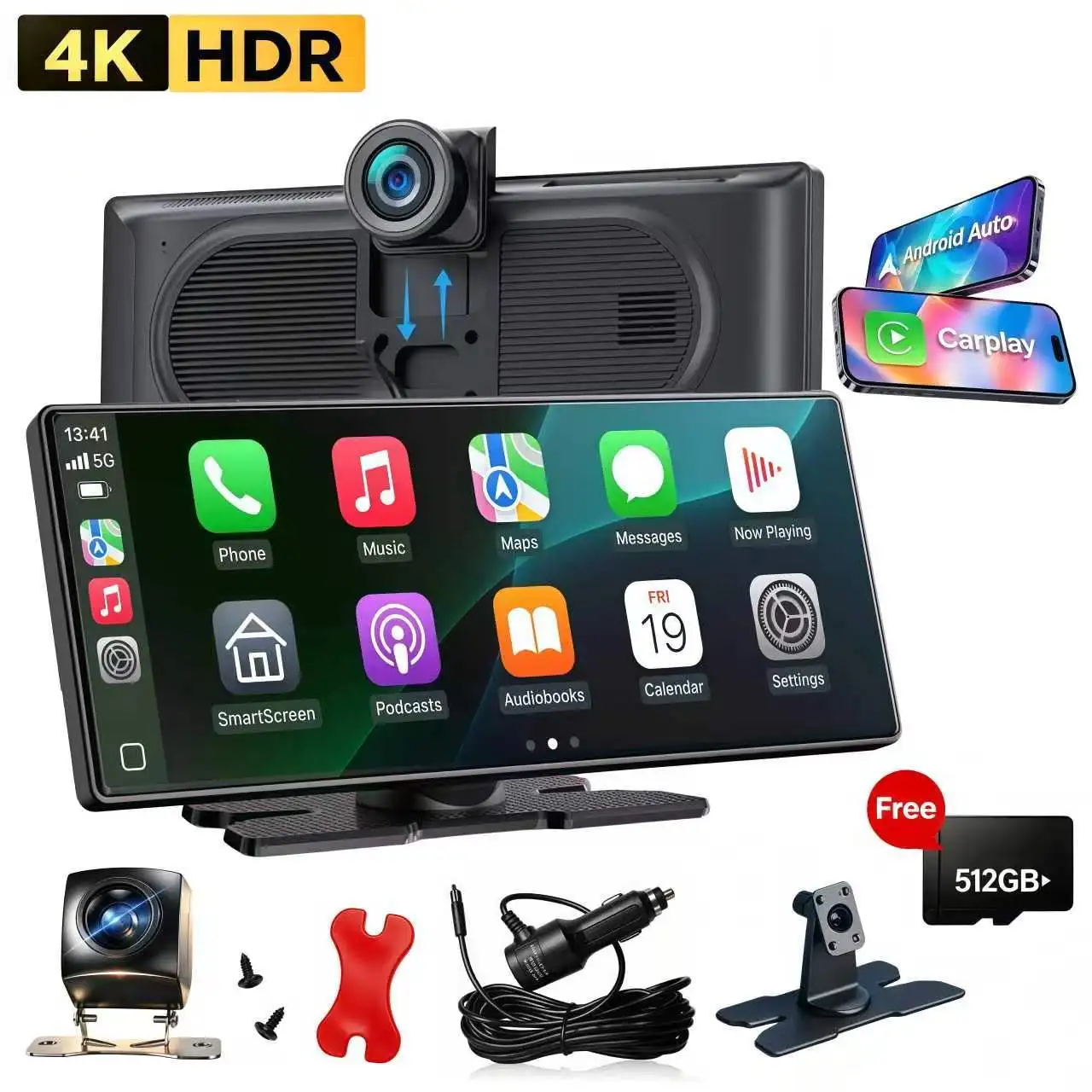 10.26-inch Portable Car Screen with 4K Front + 1080P Rear Dual Dash Cam. Supports Wireless Android Auto & Wireless CarPlay. Front & rear cameras feature night vision. Equipped with loop recording, FM transmitter and AUX audio output. with 512G TF card