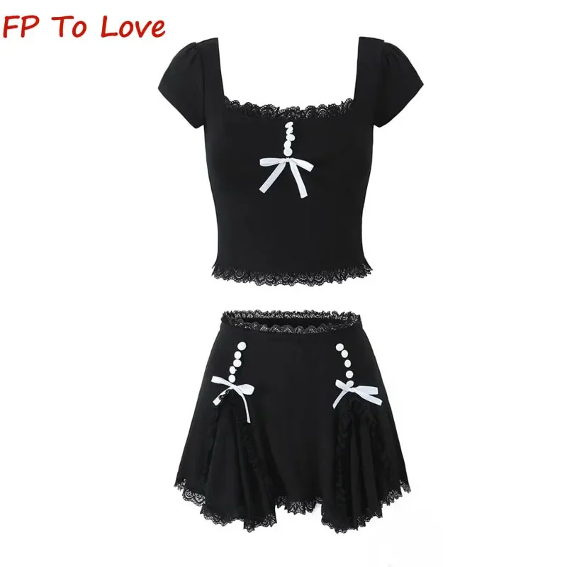 

Y2K Pure Desire Style Tie Patchwork Lace Top Women's High Waist Clashing Square Neck Button Pleated Short Skirt