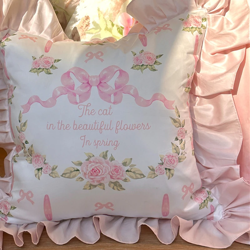 Square Pillow with Core Pink Rose Bowknot Sofa Cushion Girl\'s Lace Cushion Cotton Decorative Pillow for Bedroom and Living Room