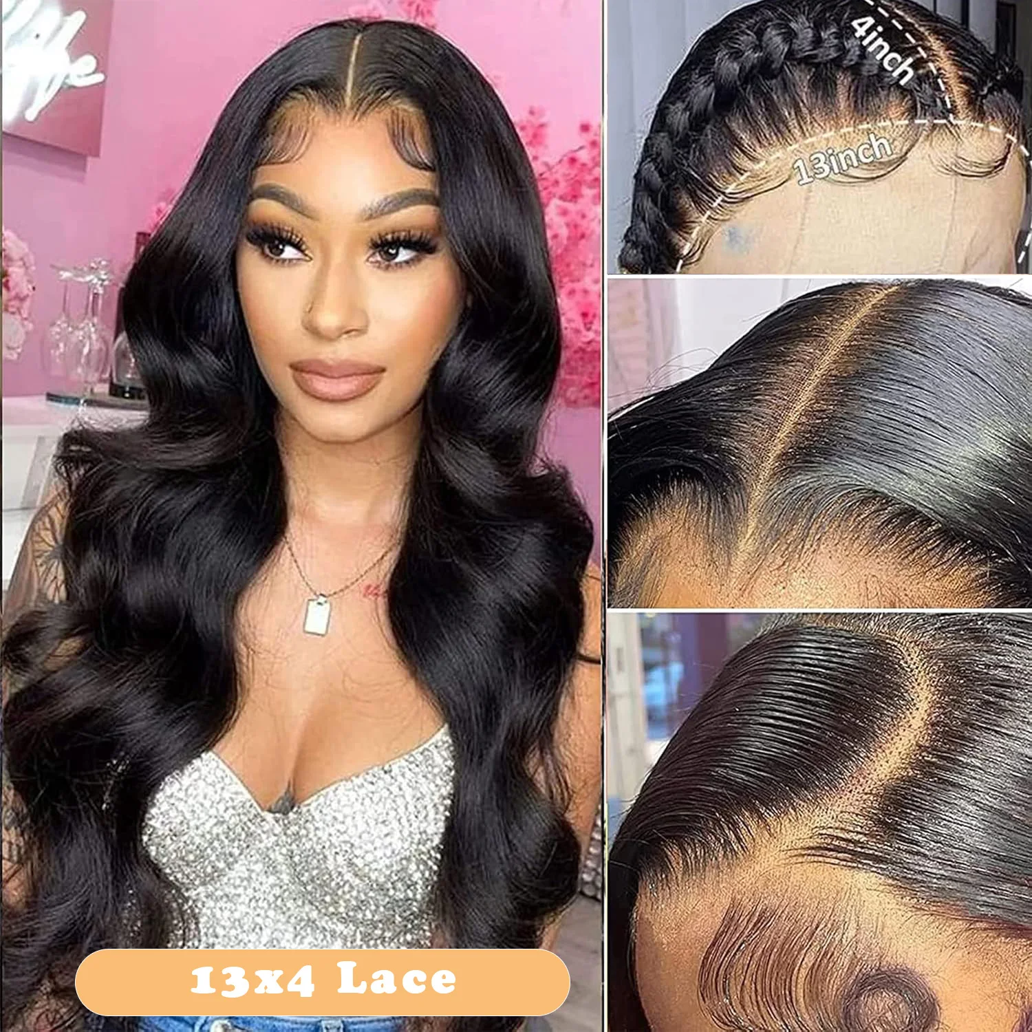 Karyssa Body Wave 13x6 13x4 HD Transparente Lace Frontal Perücke Echthaar 220 Dichte 30 36 Zoll Wasserwelle Schwarz für Frauen – Detail 2