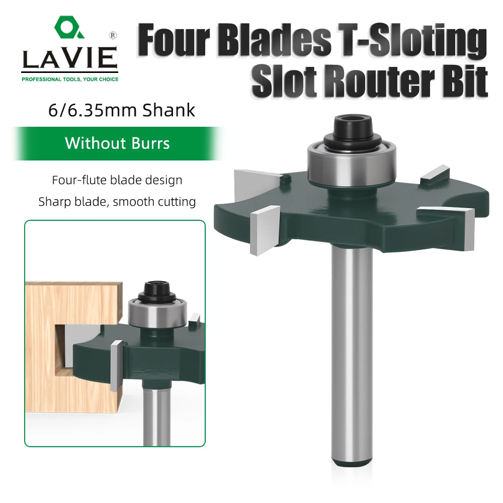 

LAVIE T-Slot Cutter 4 Flute Wood Milling Bit With Ball Bearing, 6mm & 1/4" Shank Router Bit For Woodworking C06319Z443