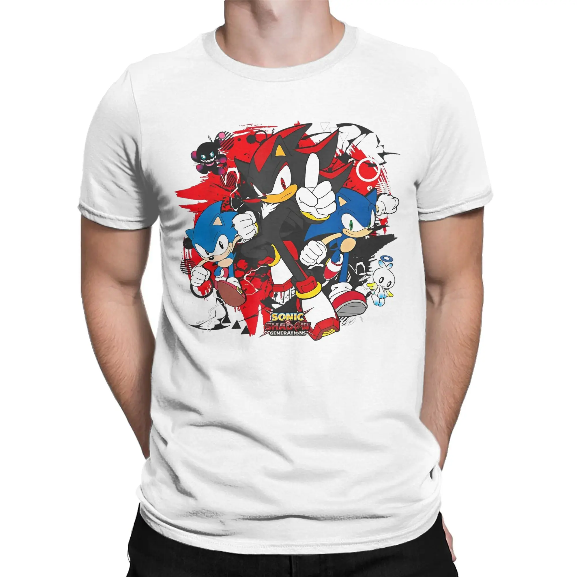 S-Sonic Shadow Generations Game T Shirts Men Cotton T-Shirts Round Neck Game On Cartoon Tees Short Sleeve merchandise Printing