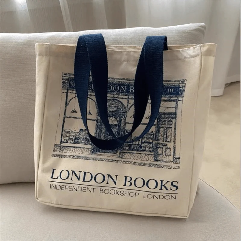 Große London Bookstore Canvas-Tragetasche, stilvolle Damen-Schultertasche im Literatur-Stil, ideal für Buchliebhaber, Studenten und den täglichen Einkauf. – Detail 3