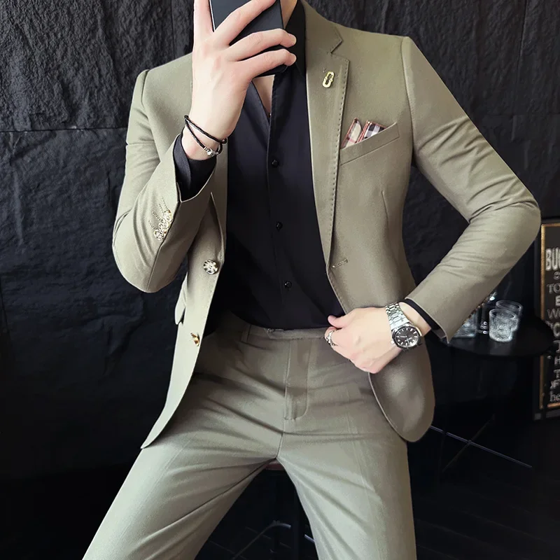 2023 Fashion New Men Boutique Solid Color Business Slim High Quality Dress Blazers Jacket Suit Coat Pants Trousers 2 Pcs Set