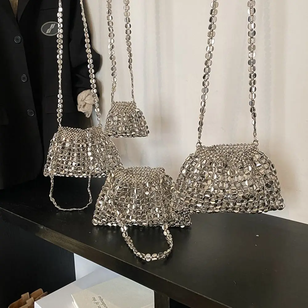 

Mini Sequin Evening Banquet Bag Mini Underarm Bag Woven Beaded Crossbody Bag Small Purse Temperament Silver Shiny Bag Party