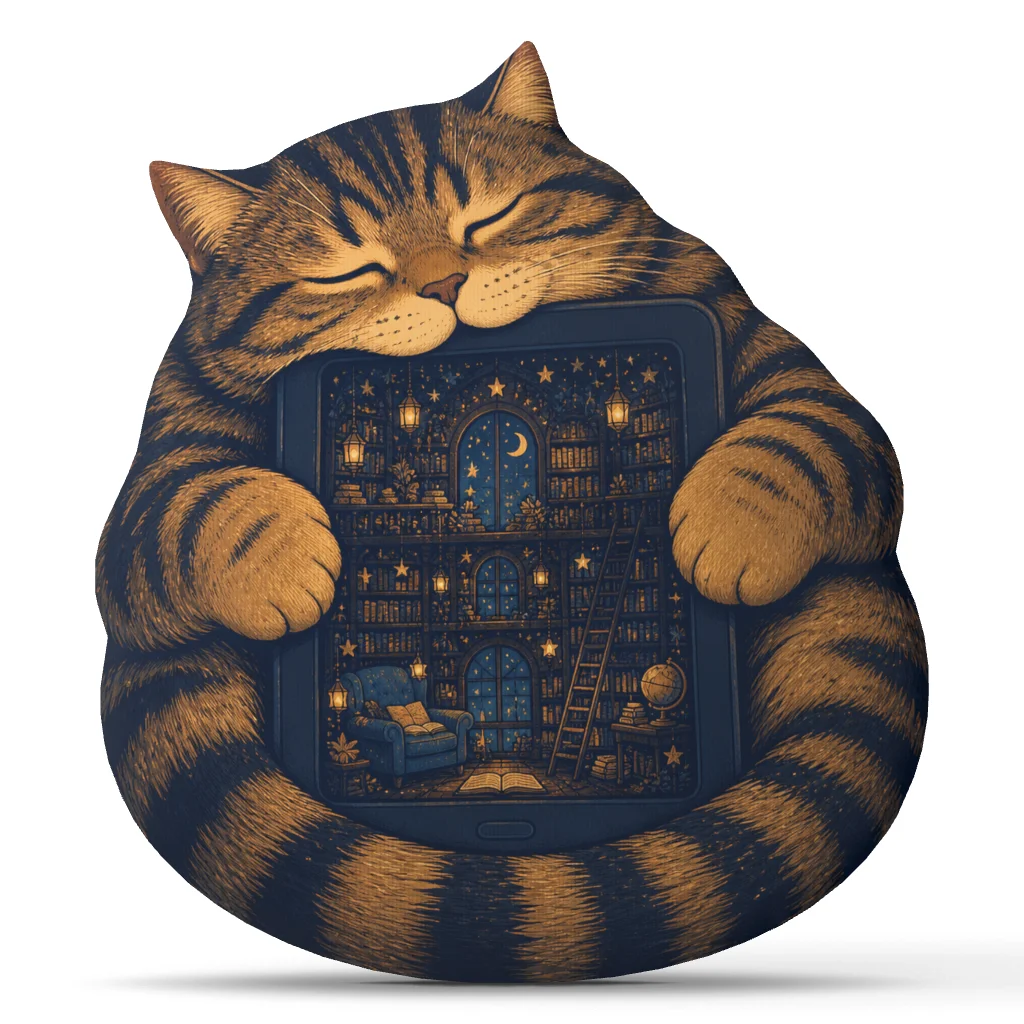 Sleepy Cat Reading Pillow Book Lover Plush Cushion Starry Library E Reader Shaped Stuffed Throw Pillow Cozy Home Decor Gift