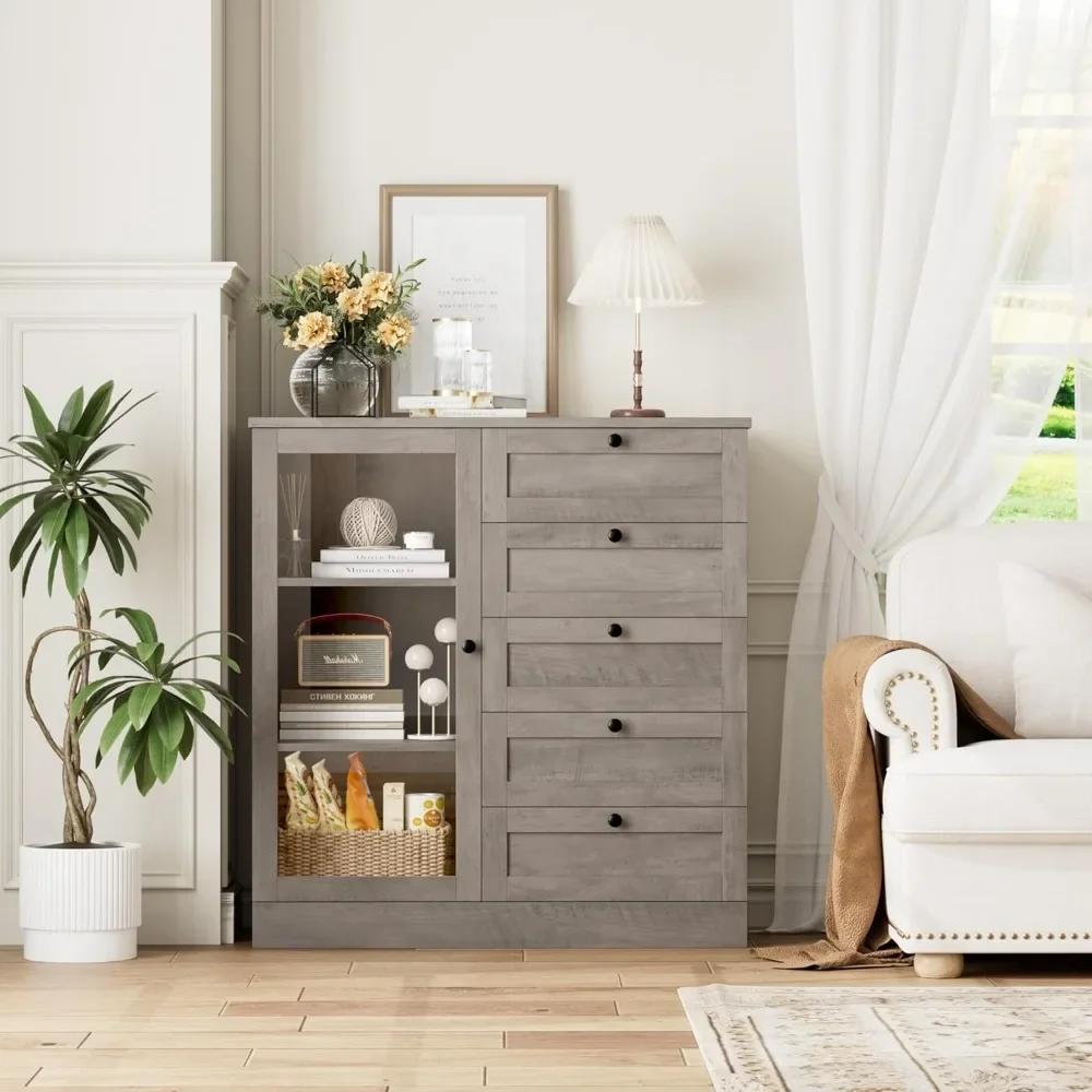 5 Drawer Dresser with Door, Storage Cabinet with Drawers and Shelves,Modern Chest of Drawers Organizers for Living Room