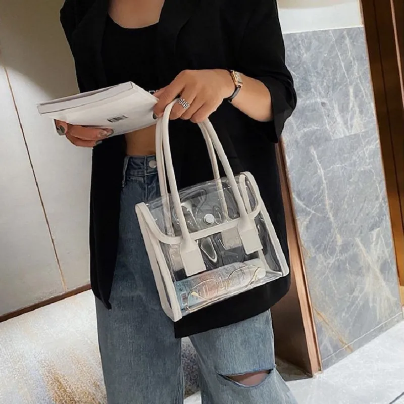 Transparent Bags Women Summer Designed Patchwork PVC Portable Simple Student Travel Jelly Bag PU Handle All-match Beach Totes