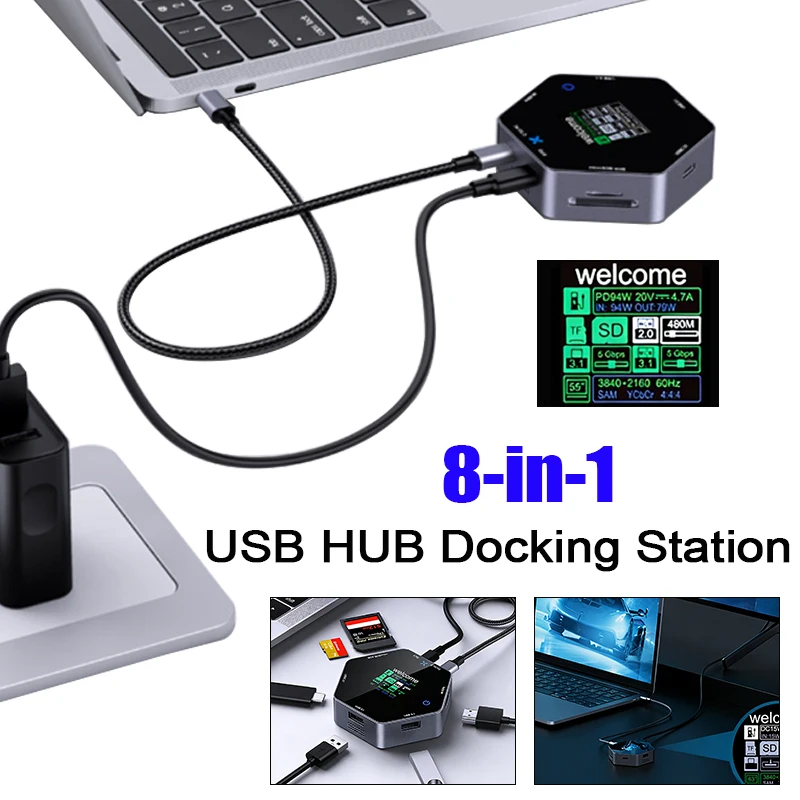 

8 IN 1 Multi Port Expansion Dock with LCD Display 4K 60HZ PD Charging USB Extender Aluminum Alloy USB HUB Docking Station