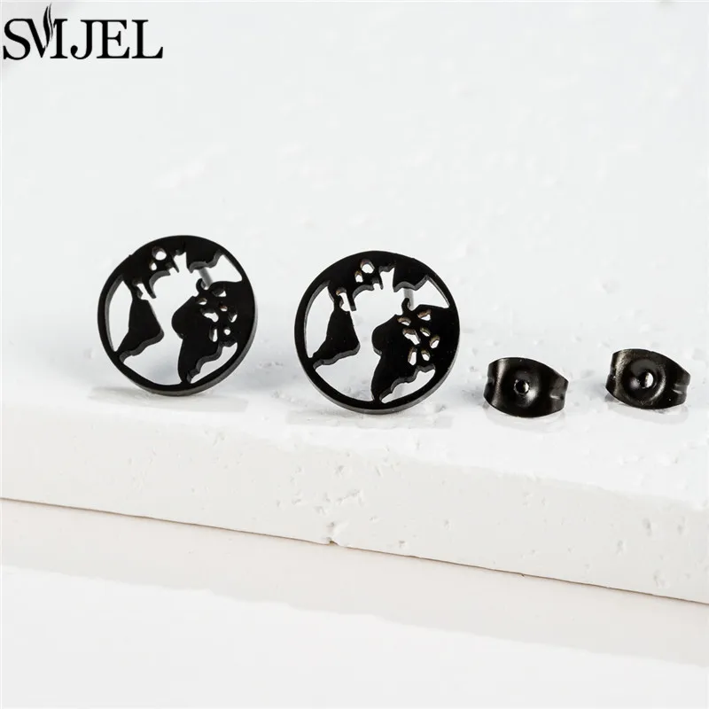 SMJEL Stainless Steel World Map Stud Earrings Black Punk Small Hollow Map Globe Earings Women Men Piercing Accessories Brincos