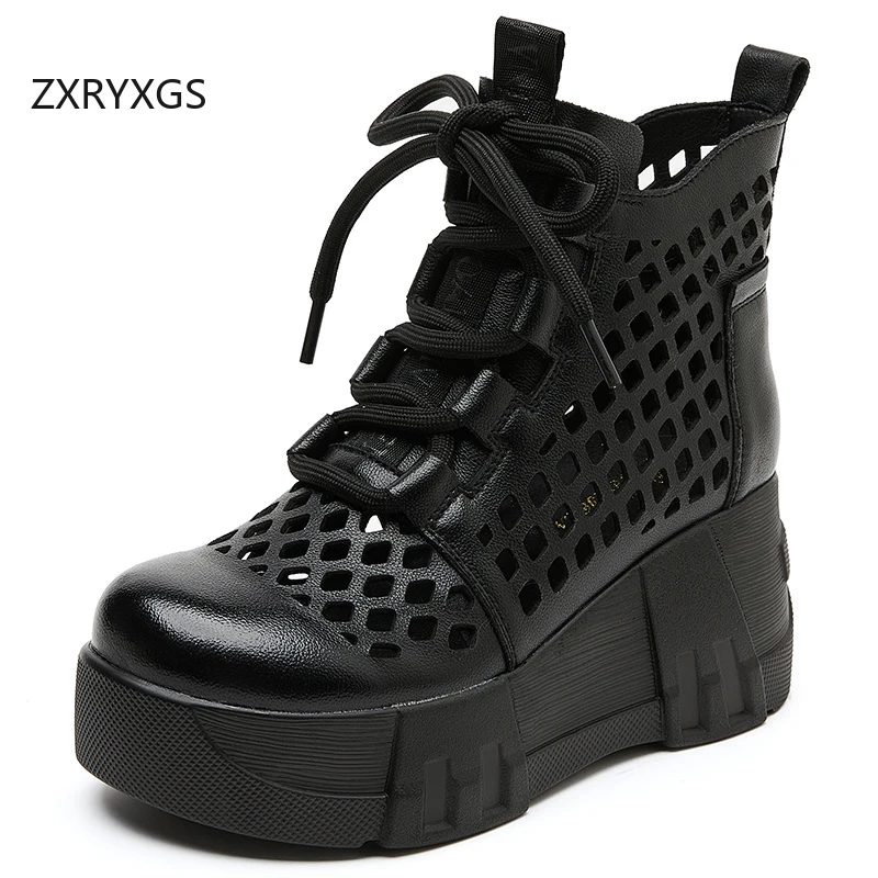 

ZXRYXGS 2025 Summer Top Cowhide Hollow Boots Breathable Shoes Women Platform Wedges High Heel Boots Elevator Shoes Trendy Boots