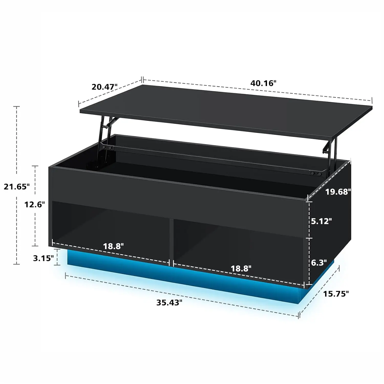 LED Coffee Table With Storage & Lift Top, 2 Shelves High Gloss Table For Living Room Bedroom Office, 40