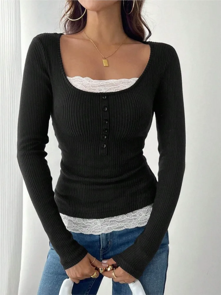 Fashion Square Round Collar Stitching Lace Single-breasted Button Slim Long-sleeved Top Women's Autumn Elegant Versatile Top