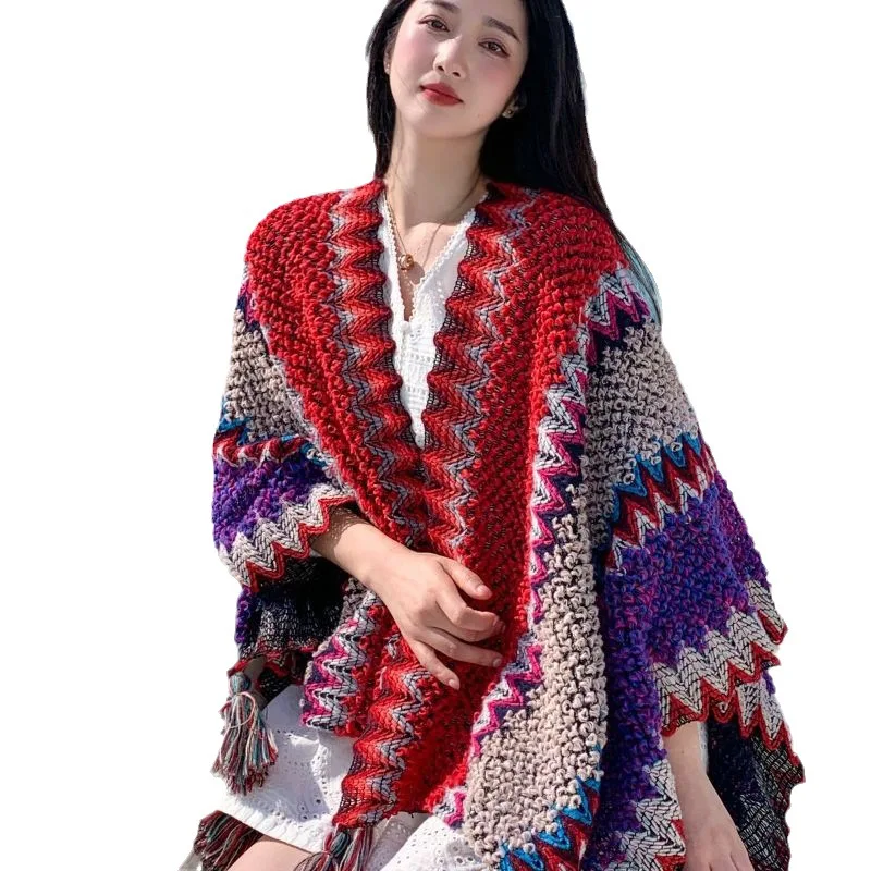 110x125cm Fashion Outerwear Knitted Shawl Tourism Ethnic Style Retro Cloak Tourism Cloak Tassel Scarves Vacation Party Gift