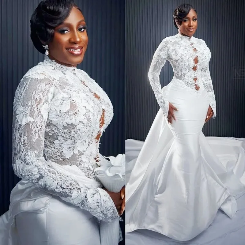 Abiti da sposa eleganti personalizzati per abiti da sposa africani per la sposa sirena alta illusione strascico staccabile in pizzo con perline