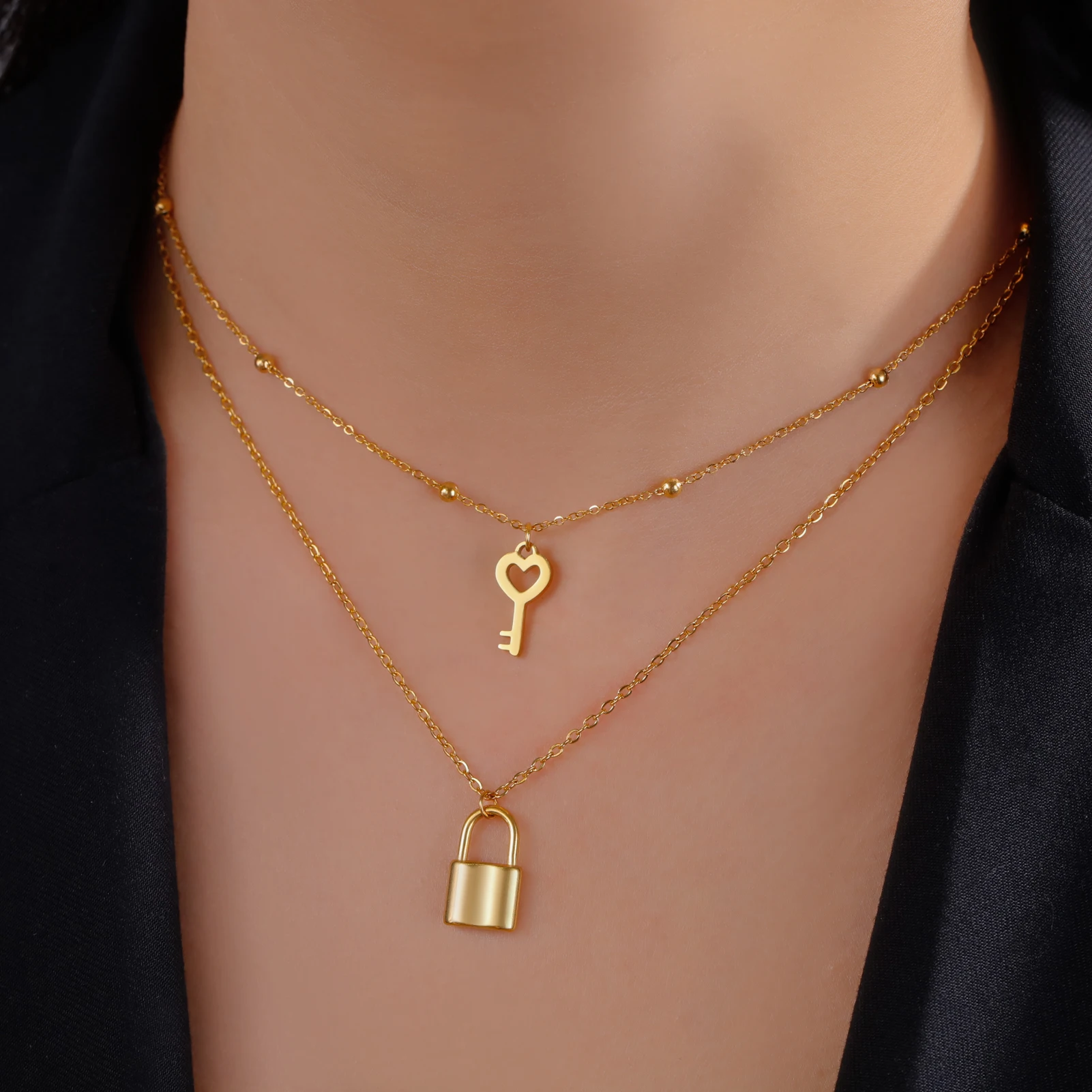 Skyrim Key Padlock Pendant Necklace Stainless Steel Gold Color Women Double Layer Chain Necklaces Trendy Jewelry Wedding Gifts