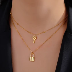 Skyrim Key Padlock Pendant Necklace Stainless Steel Gold Color Women Double Layer Chain Necklaces Trendy Jewelry Wedding Gifts