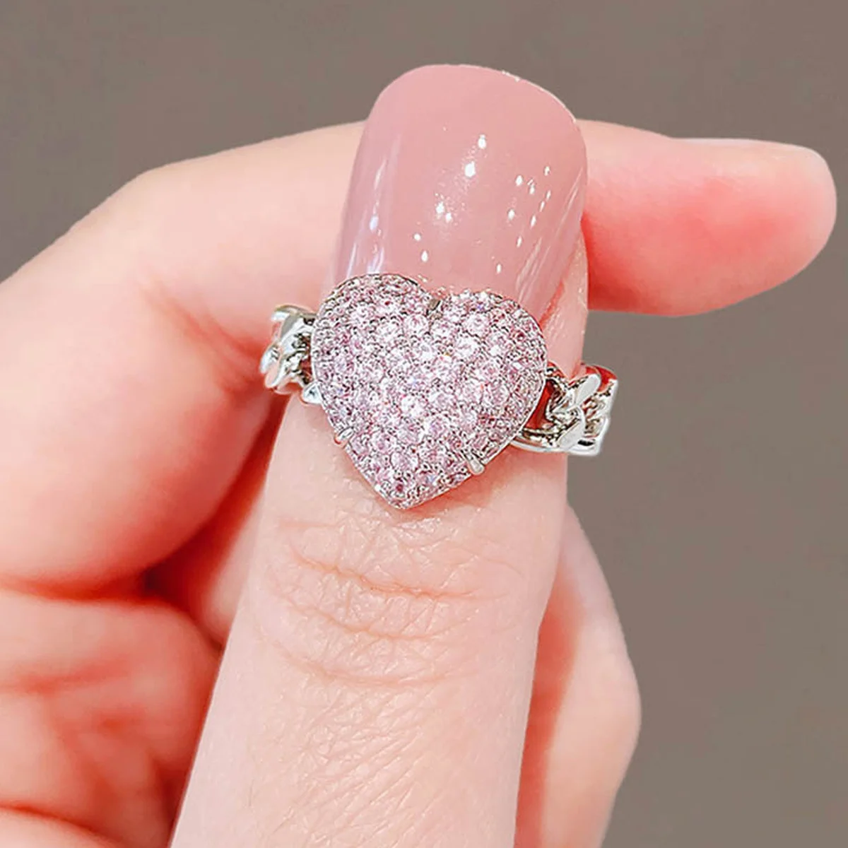 1 Pc Luxury Pink Heart-shaped Micro-chimeric Zirconia Ring Opening Adjustable Ring Marriage Proposal Engagement Ring Girl Daily Fashion Accessories Valentine's Day Gift
