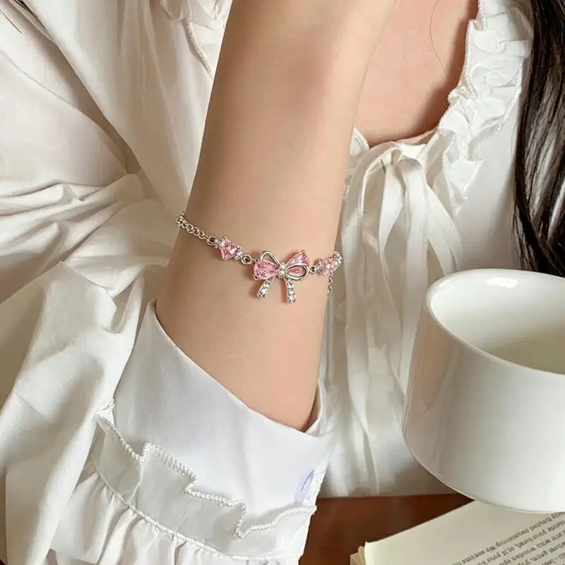 Romantic Pink Shiny Zircon Bow Heart Jewelry Set Necklace Bracelet for Women Wedding Bridal Accessory Gift for