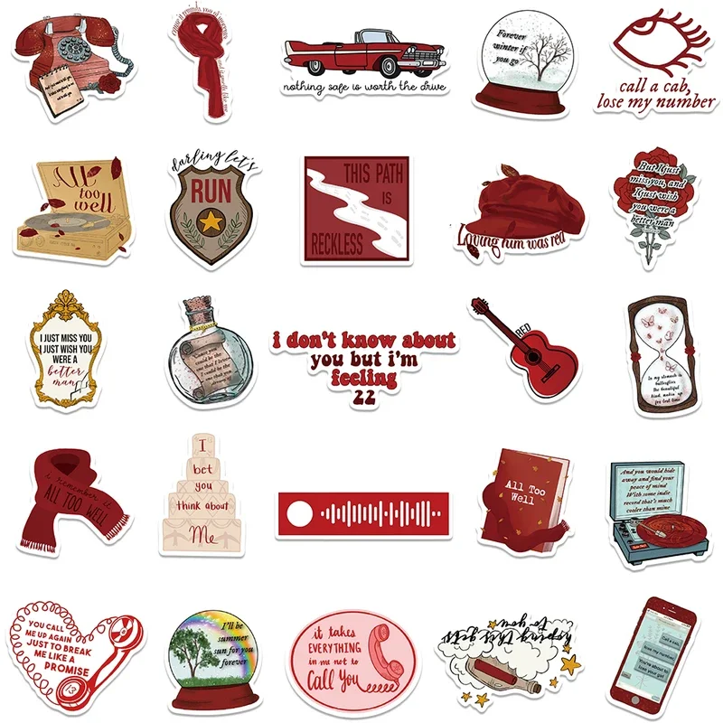 10/30/50Pcs Aesthetic Cartoon Famous Singer Taylor Red Album Lyric Sticker For Laptop Water Bottle Luggage Notebook Vinyl Decals
