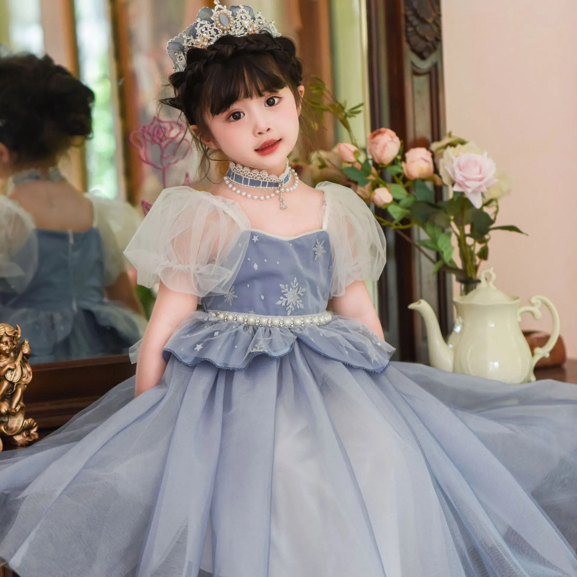 

Girls 2024 Summer New Ice and Snow Romance Princess Dress Children's High Dress Bubble Sleeves Fluffy dress