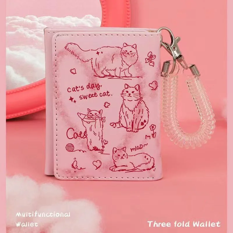 Portable Letter Printed Pink Cat Wallet Sewn Pendant PU Wallet Waterproof Spring Rope Short Money Bag Card storage Container