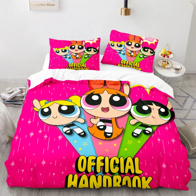 Imagem -05 - Desenhos Animados Anime Powerpuffs Bedding Conjunto para Meninas Kawaii Blossom Bubbles Impressão Colcha Capa de Edredão Fronha Buttercup Cama Consolador