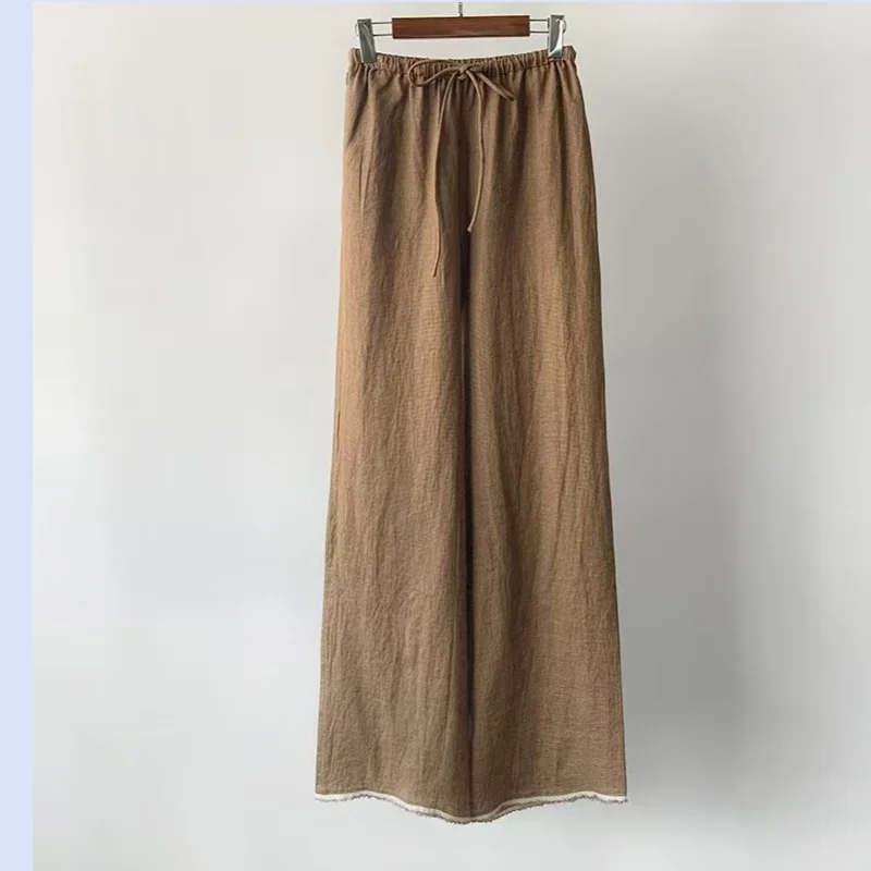 

Linen textured drawstring elastic waist straight leg zipper pocket with rough edges, handsome wide leg and long leg pants