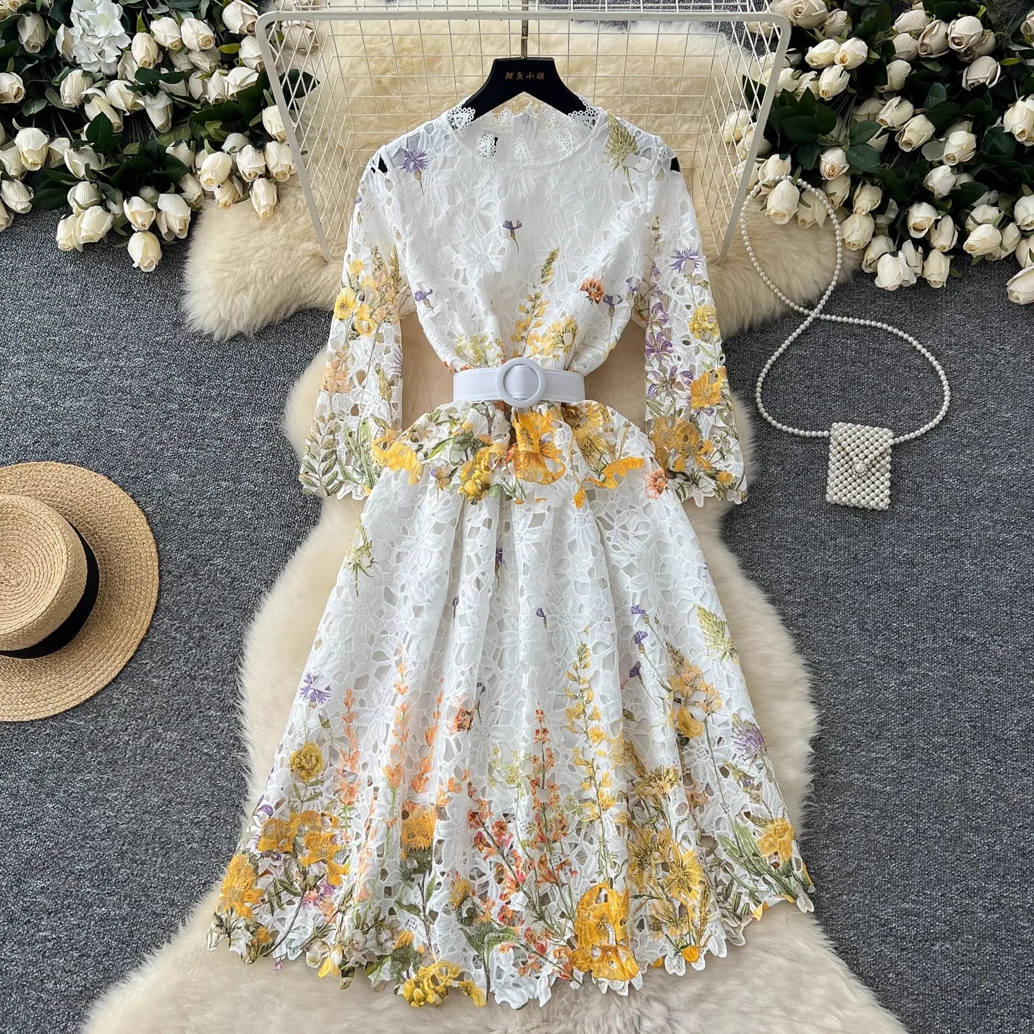 High Quality Summer Spring Lace Flower Print Midi Fashion Women Stand Collar Three Quarter Sleeve Hollow Out Party Casual Dress