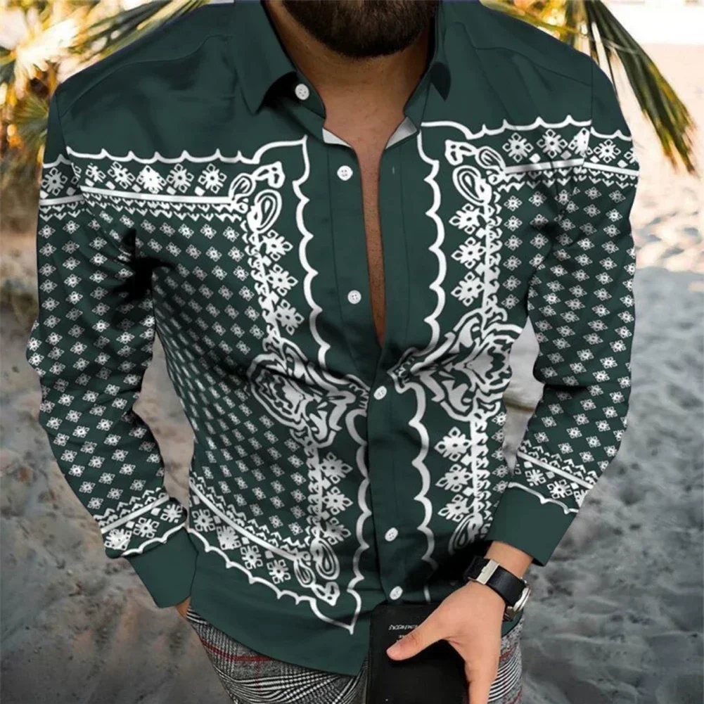 

Lapel 1*Shirt Band Collar Button Down Black Gold Baroque Printed Button Down Shirt for Men's Casual and Party Wear