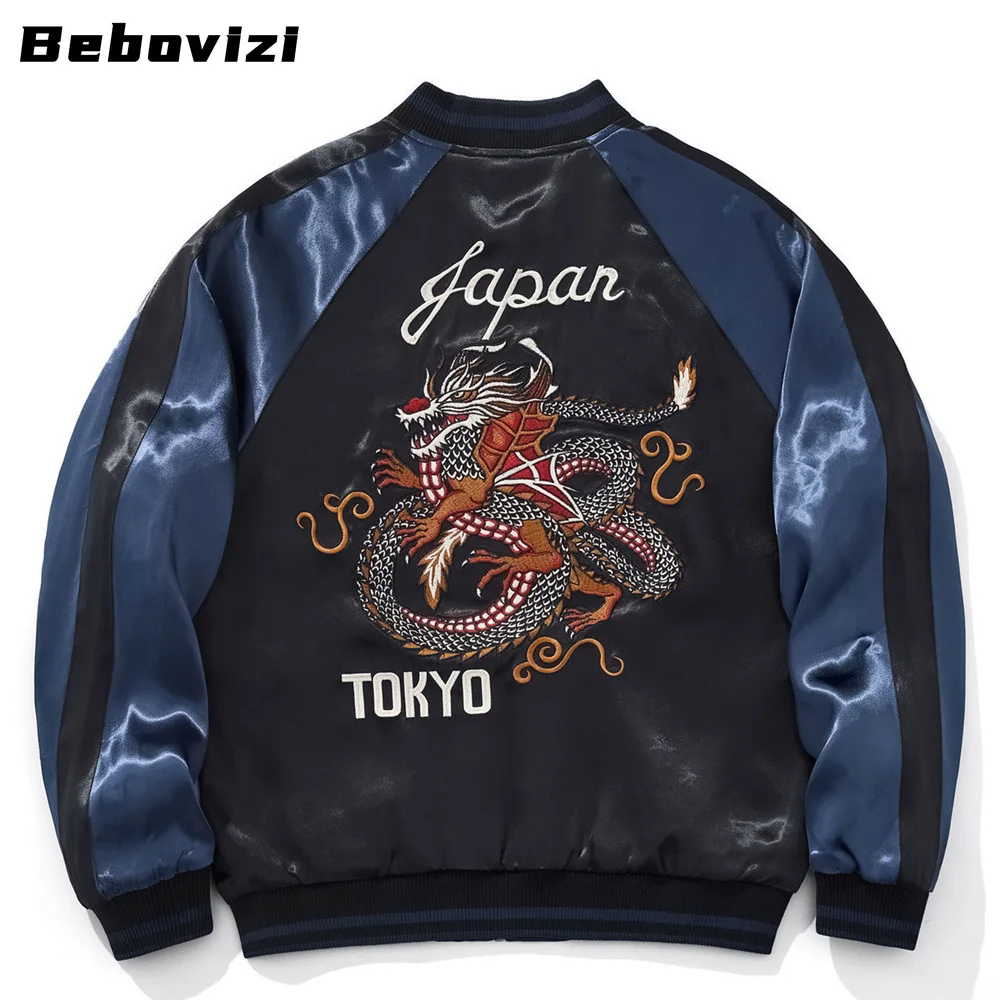 Tokyo Dragon Embroidered Zipper Blue Jacket Streetwear Hip Hop Men's Harajuku Japanese Baseball Coat Clothing