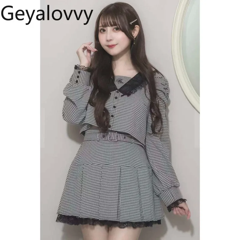 

Japanese Sweet Girl Lace Doll Collar Flower Bud Long Sleeve Top + High Waist Slim Belt Pleated Short Skirt Two-Piece Set