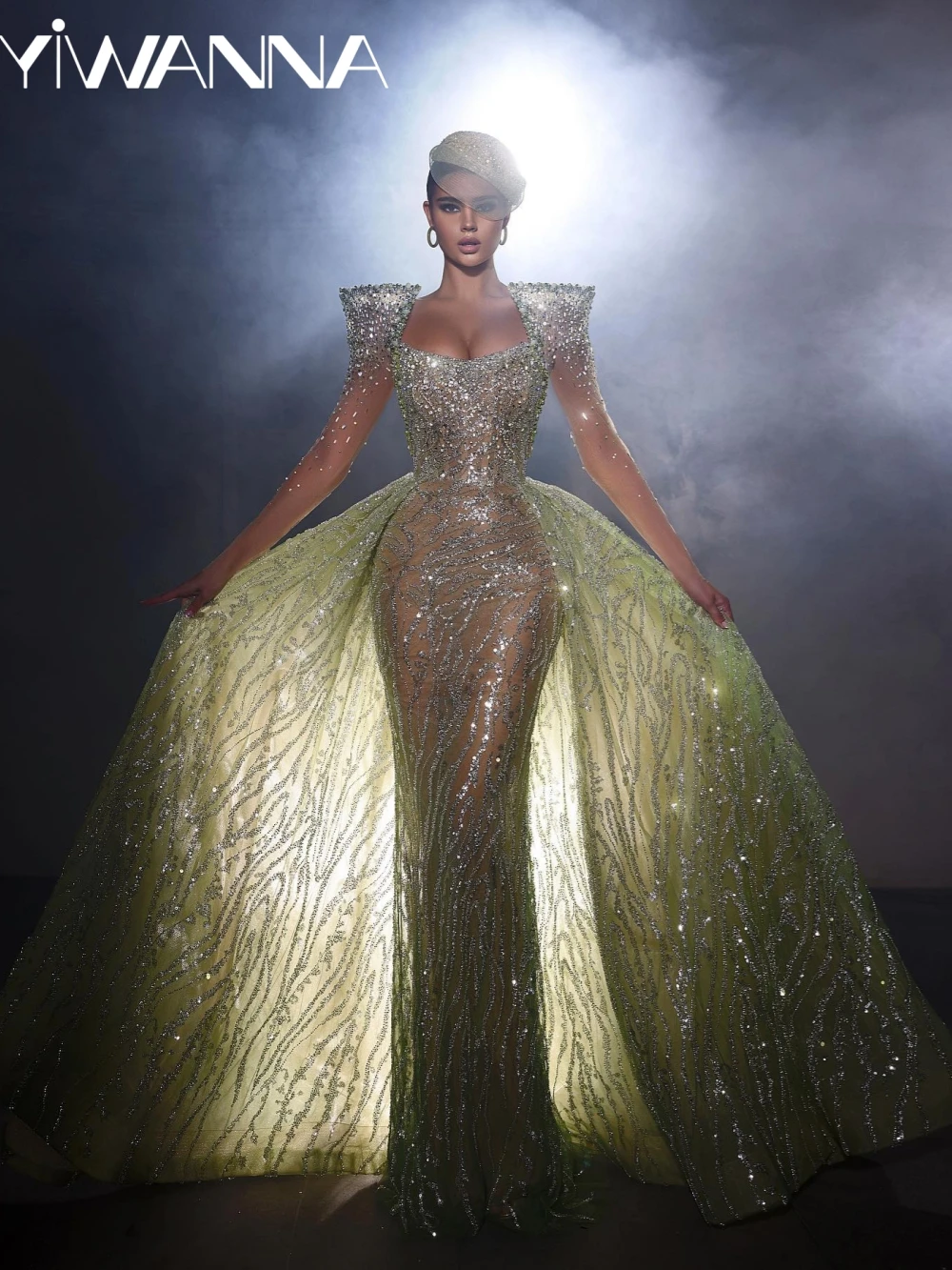 Nieuwe afneembare trein kralen lange avondjurk prachtige strapless schede bruiloft jurk op maat gemaakte lichtgroene galajurken