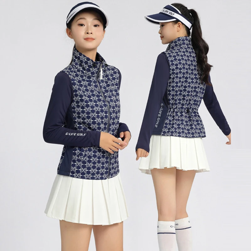 G-LIFE Golf Ladies Stand Collar Jackets Printed Sleeveless Vest Keep Warm Golf Coat White Pleated Skirt Woman Sports Skorts
