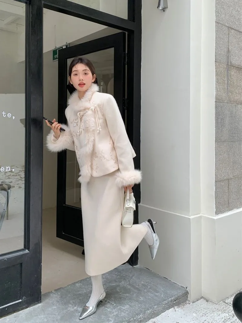 Ensemble jupe de costume en Tweed pour femmes, col rond français, boutons à disque, Vintage dégradé, ample, Blazer en laine, deux pièces, automne/hiver