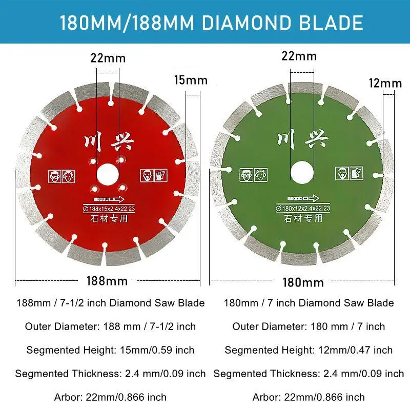 Disco de corte de diamante para mármore, Lâmina de serra para concreto, Pedra, Telha cerâmica, Parede, Rebarbadora, 7in, 180mm, 188mm